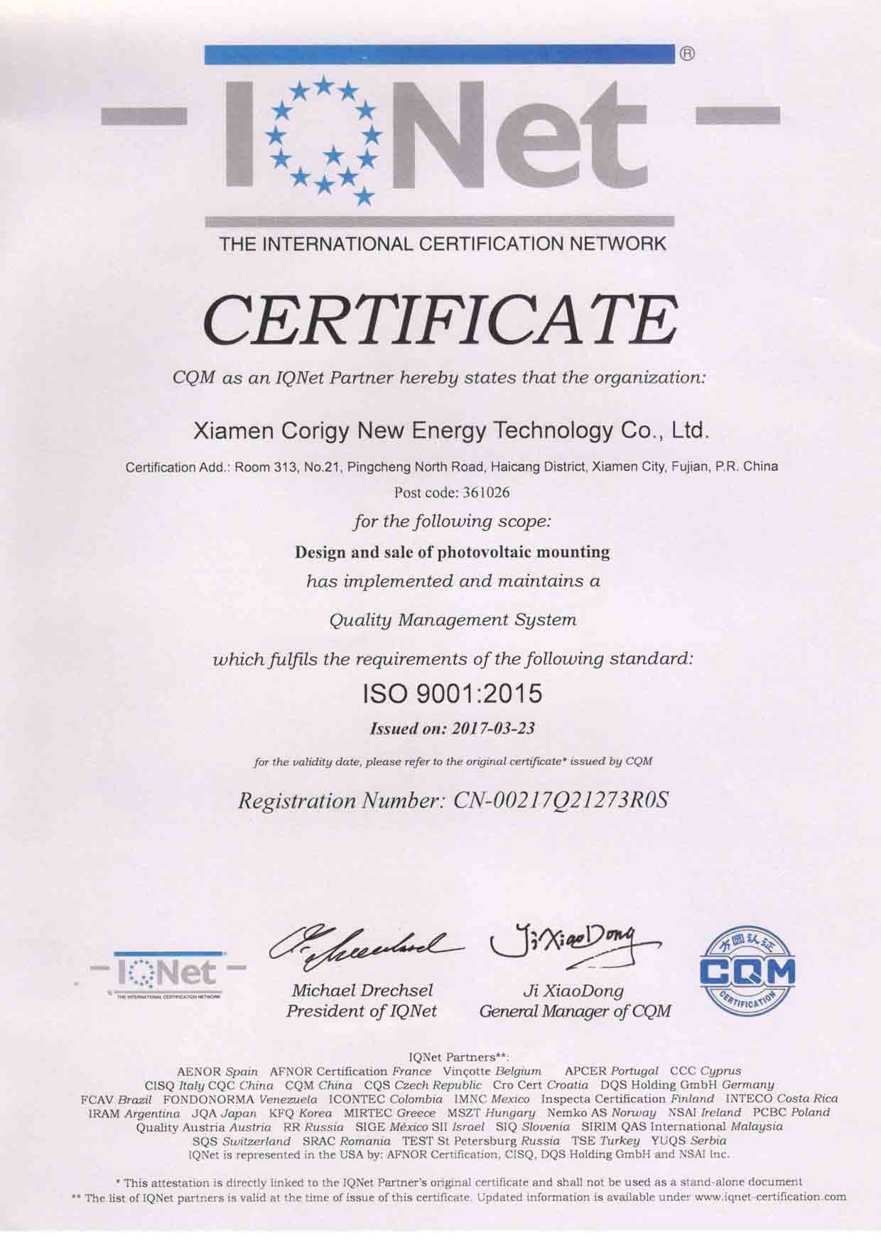 ISO certification for solar mounting system corigy